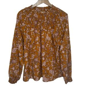THML Smocked Paisley Blouse Top Womens Small Long Sleeve Flowy Oversized